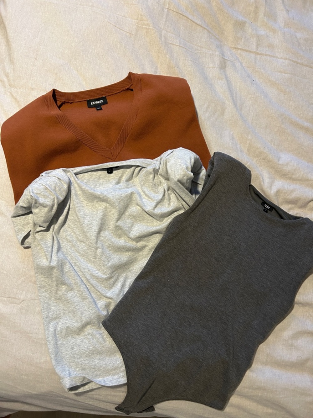Express Rust Sweater with Light Gray Tee and Charcoal Bodysuit